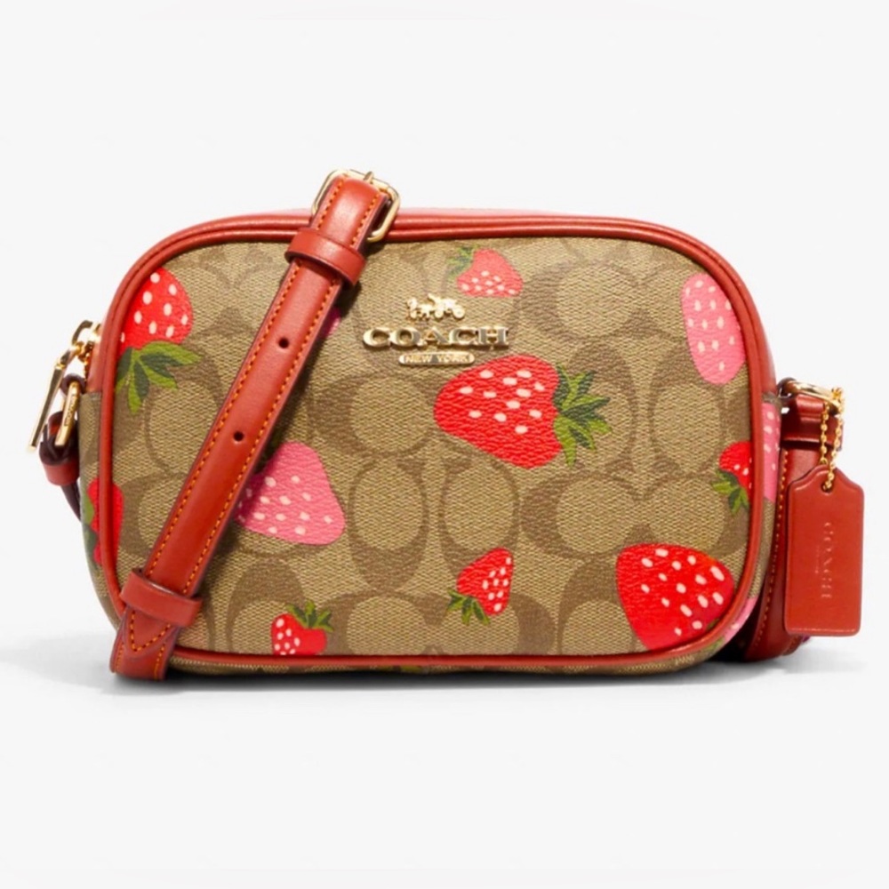 NWT COACH Mini Jamie Camera Bag In Signature Canvas Wild Strawberry Print Xbody